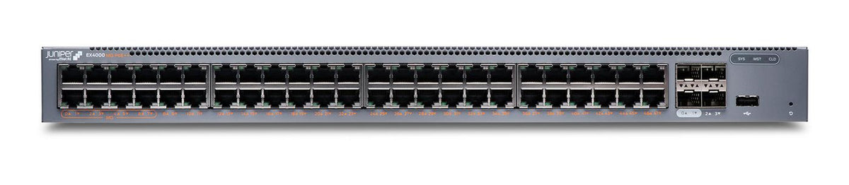 Juniper EX4000-48MP - Offers 8 x 2.5 MGig, 40 x 1GbE, PoE++ (60W) access ports, 2 x 1/10G SFP+ uplink Ports and 2 x 10G SFP+ VC ports with a total PoE budget of 960W