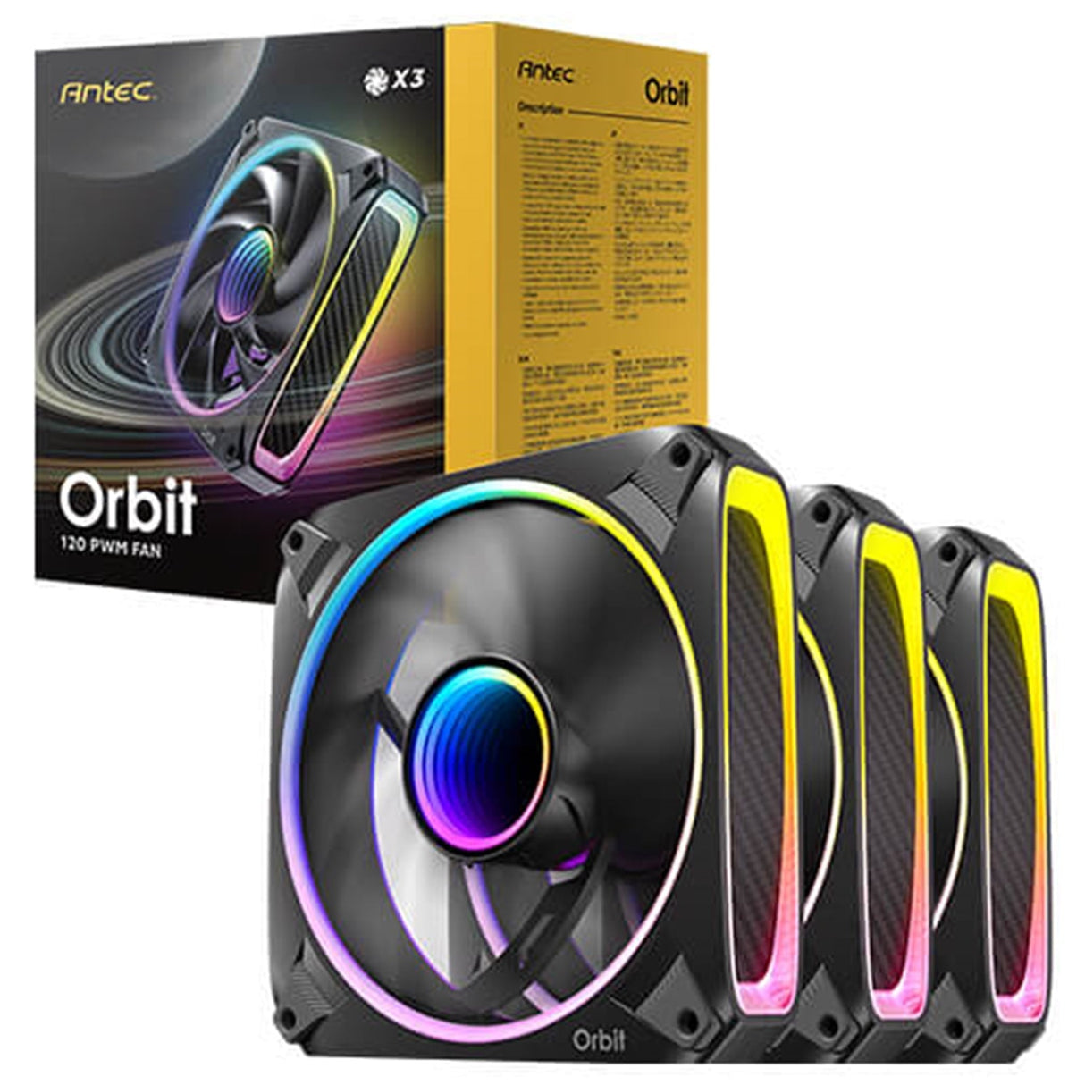 Antec Orbit 120 ARGB 120 mm PWM Fan Triple Pack - 120 mm x 28 mm, Fluid Dynamic Bearing, 200-2000 RPM, 66.72 CFM, aRGB Lighting, Anti-Vibration Pads