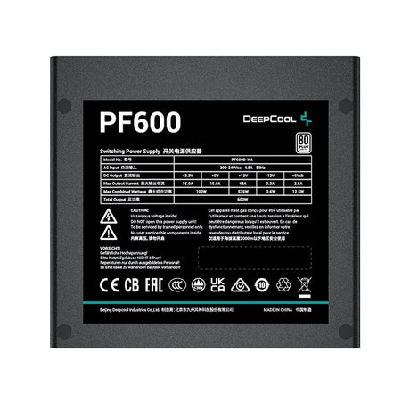 DeepCool PF600 600W PSU, 120mm Silent Hydraulic Bearing Fan, 80 PLUS White, Non Modular, UK Plug, Flat Black Cables, Efficient & Affordable