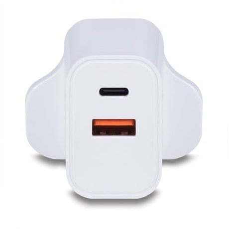 LINDY 73425 30W USB Type A & C Charger UK Plug, 3A, Power Delivery 3.0 + PPS, 2 Output Connectors (USB, 24 pin USB-C), White