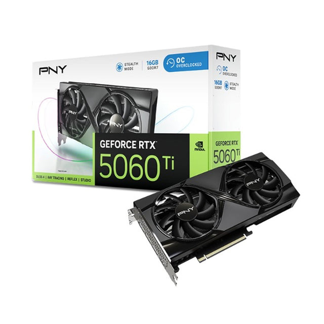 PNY NVIDIA GeForce RTX 5060 Ti DUAL OC 16GB GDDR7 Graphics Card, 4608 CUDA Cores, 2407MHZ Core Clock, Dual Fan, 3 x DisplayPort / 1x HDMI Port