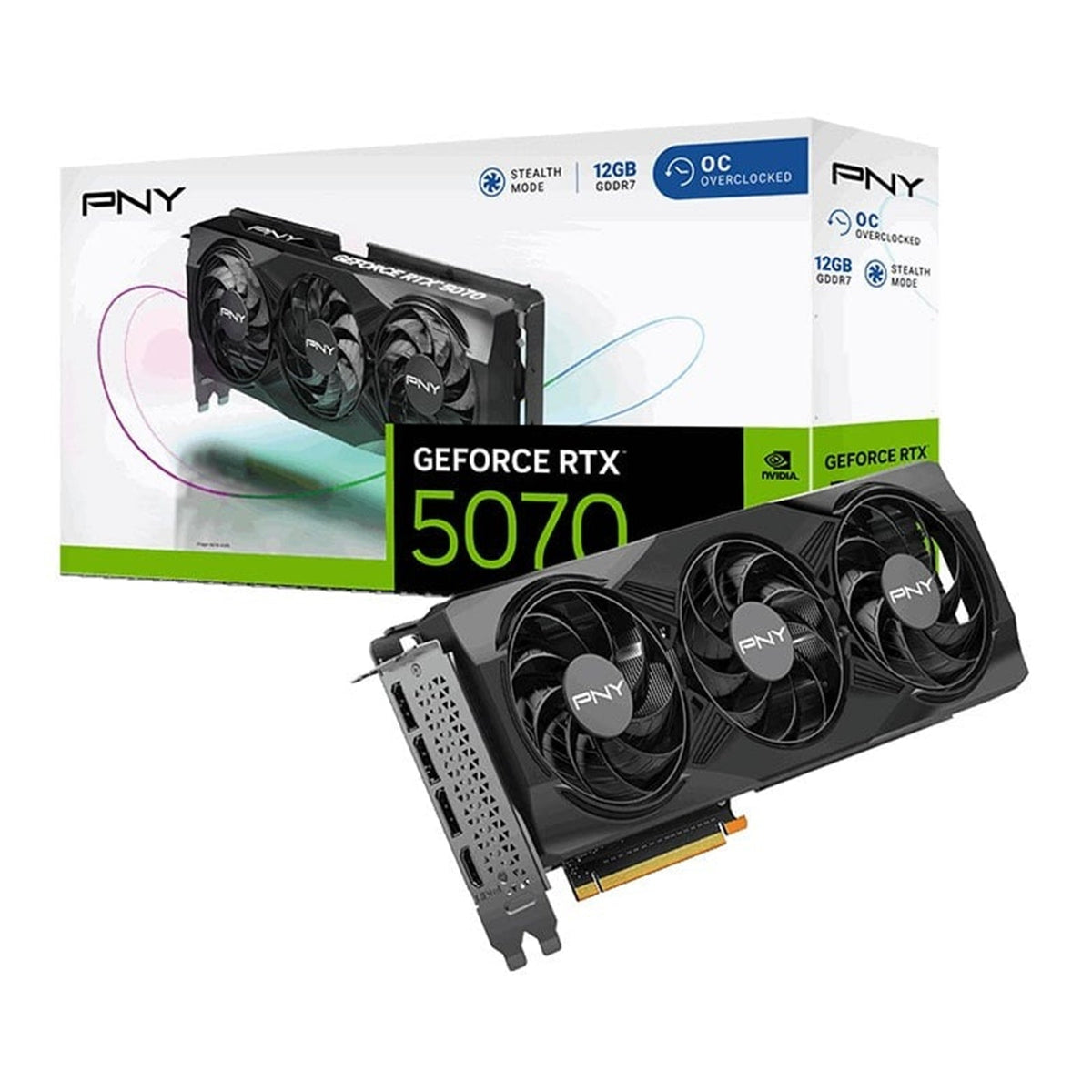 PNY NVIDIA GeForce RTX 5070 OC 12GB GDDR7 Graphics Card, 6144 CUDA Cores, 2160 MHz Core Clock, Triple Fan, 3x DisplayPorts / 1x HDMI Port
